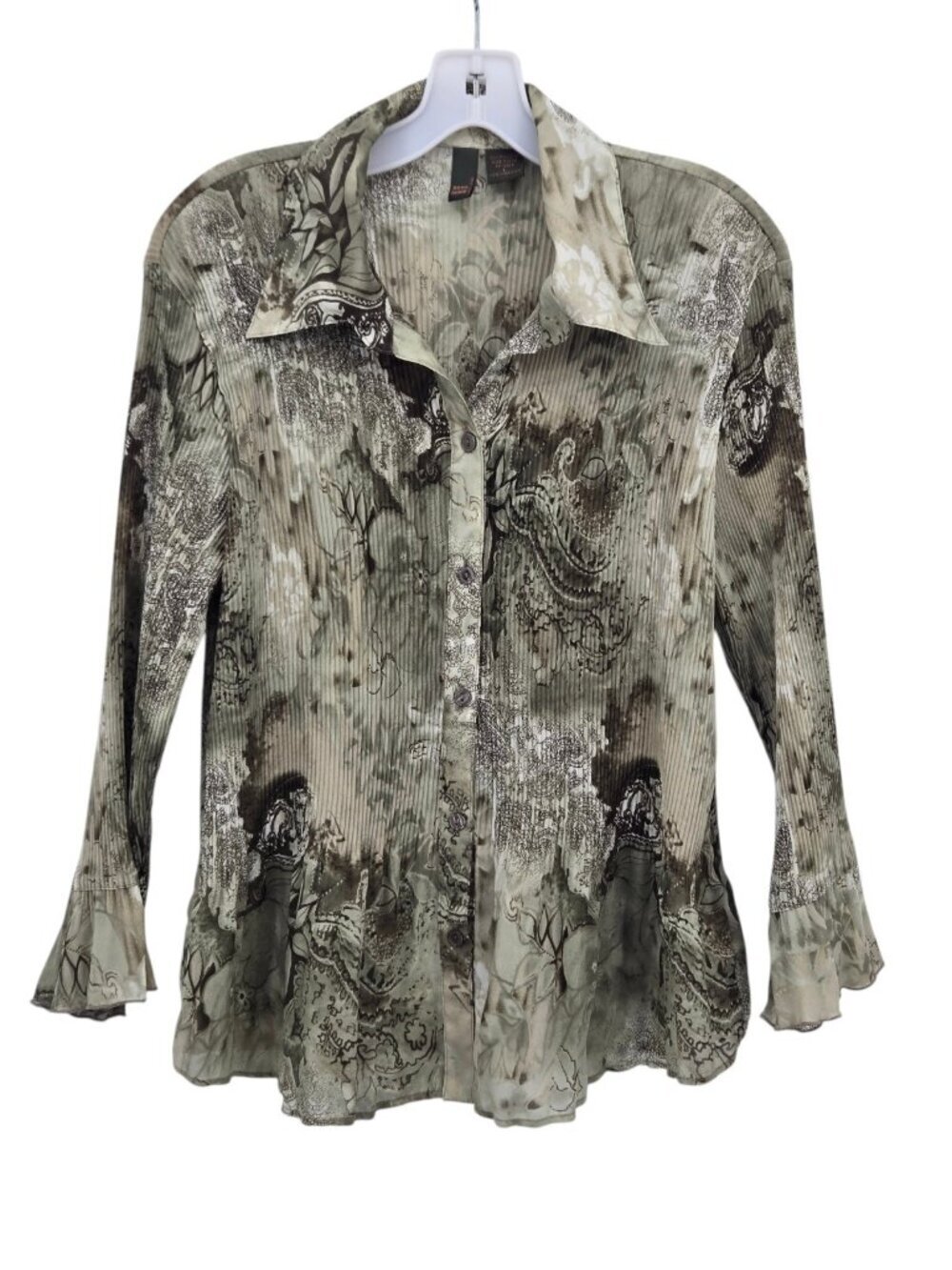 Serenade New York Floral Blouse L Collar Micro Pleated Fairy Grunge Bell Sleeves